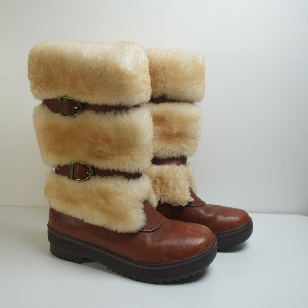 UGG Adirondack Tall Boots Women 5 Brown Sheepskin Leather Fur Buckle 1001374